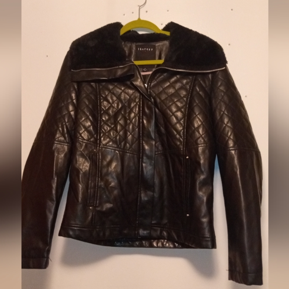 Therapy Black Quilted Leather Jacket with Fur Collar